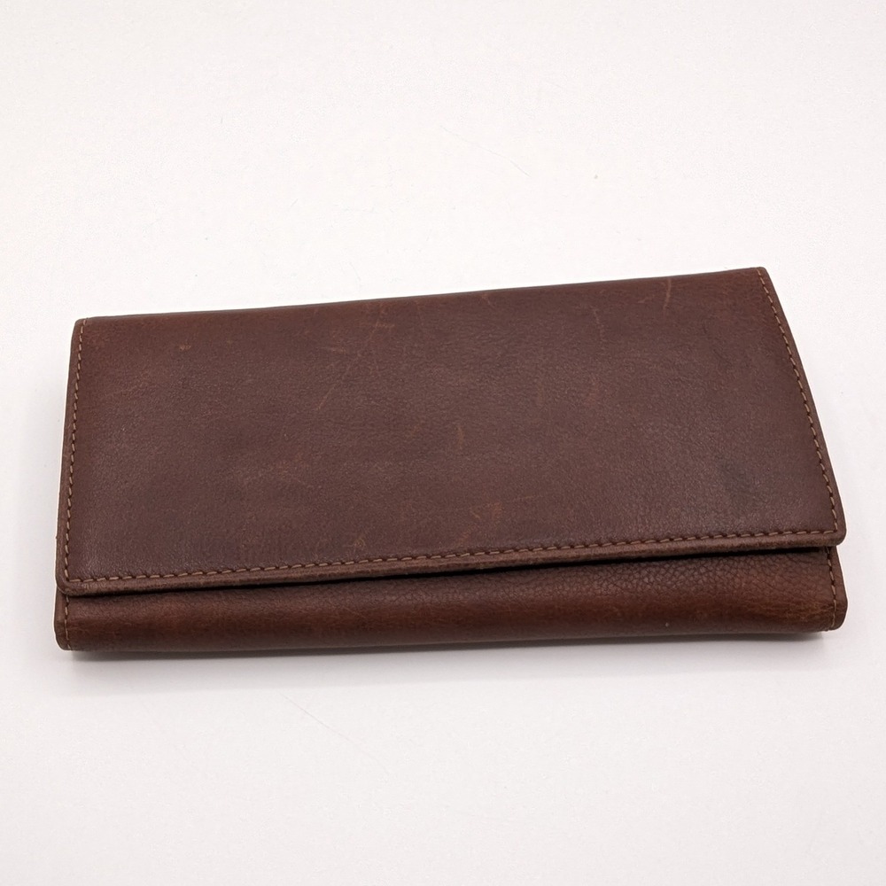 Brown Genuine Leather Tri-fold Clutch Wallet with Exterior Zip Pocket